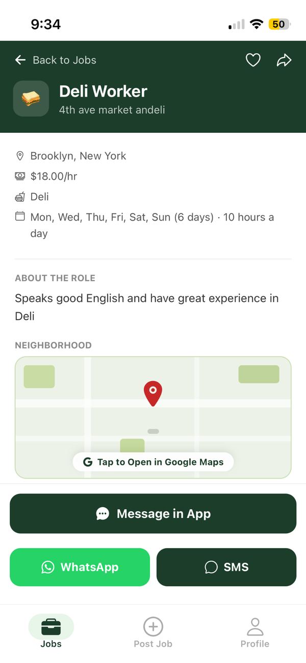 Job detail screen with direct call, WhatsApp, and in-app message options